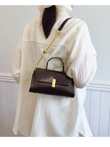 Elegant dark brown leather crossbody square bag with gold metal clasp and chain strap