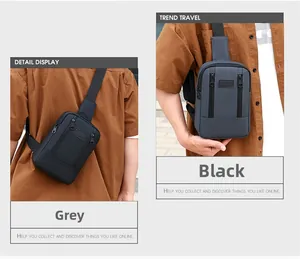 Detail of multi-compartment casual denim chest bags in black and grey for men