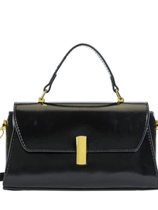 Elegant black glossy square handbag with gold rectangular buckle and minimalist handle