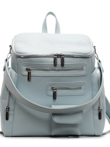 Light blue faux leather backpack with multiple pockets and versatile shoulder straps