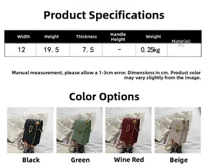 Detailed size chart for quilted PU crossbody bags in black green burgundy and beige colors