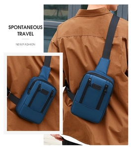 Detail showing the SPORT logo and water-resistant fabric of this blue crossbody chest bag