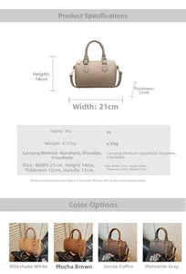 Detailed size and color chart for Boston style PU leather handbag in four colors