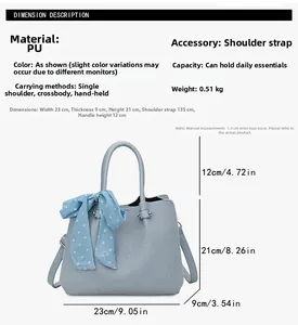 Tableau des tailles montrant les dimensions et la capacité du sac seau en cuir PU bleu