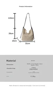 Dimensions détaillées du sac à bandoulière tissé beige, taille 31x26x10cm et sangle réglable