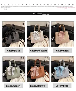 Vue détaillée montrant six options de couleurs du sac seau orné d'un foulard en soie