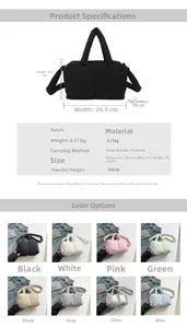 Tableau détaillé montrant les dimensions et couleurs du sac cabas en nylon matelassé
