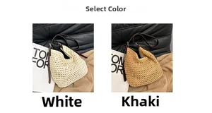 Détails des sacs seaux de plage tissés en blanc et kaki avec bandoulières en cuir