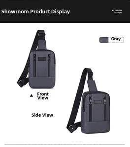 Detailed front and side view of grey washed denim sports chest bag with SPORT logo