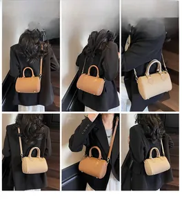 Detailed views of leather boston bag showing crossbody and shoulder carrying styles