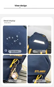 Dettagli del tessuto impermeabile, striscia riflettente e ciondolo su borsa a tracolla