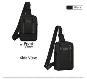 Detailed front and side views of black nylon sport chest bag with adjustable strap