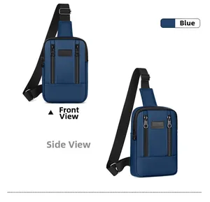 Detailed view of blue nylon sports sling bag with dual front zippers and adjustable strap