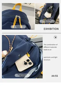 Dettaglio della borsa a tracolla blu navy con scomparti a cerniera e tasca porta borraccia