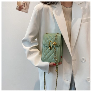Detail of light green quilted crossbody bag with gold U-shape clasp and chain strap