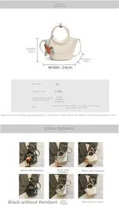 Detailed size specifications of white PU leather bucket bag with dimensions and strap length