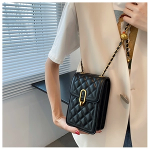 Chic black quilted leather crossbody phone bag featuring a gold adjustable chain and buckle