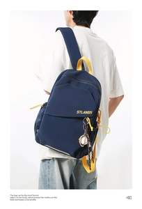 Dettaglio borsa a tracolla blu navy con manici gialli e tiralampo vivaci