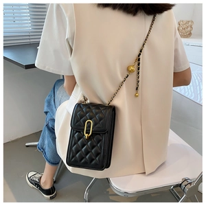 Close-up of a quilted black crossbody bag with a gold metal buckle and leather chain strap