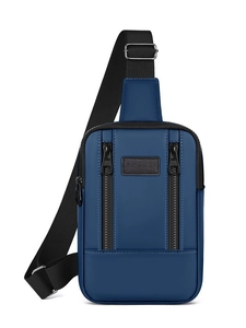 Deep blue washed denim crossbody sling bag for men with sport logo and adjustable strap
