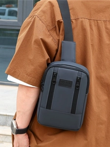Men's casual washed denim sport chest bag in dark gray with vertical zipper pockets