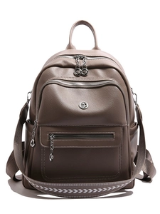 Deep khaki large capacity backpack with pebble leather texture and patterned straps