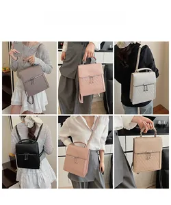 Detailed grid showing multi-way PU leather quilted bag in grey, pink, beige, and black