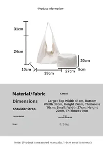 Detailed dimension guide for white canvas tote bag and matching zipper clutch set