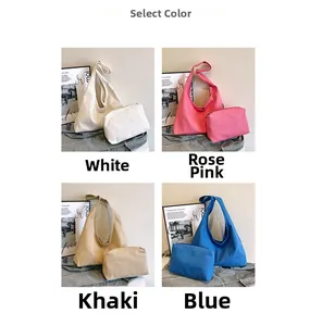 Detailed color options for large canvas tote bags in white, pink, khaki and blue
