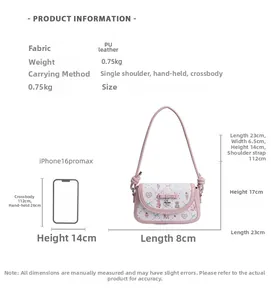 Pink PU leather crossbody bag with bow detail and size comparison to iPhone 16 Pro Max