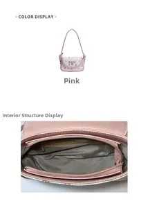 Detail view of the pink shoulder bag internal compartments and cute cartoon bow design