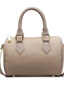 Elegant beige Boston handbag with textured fabric and detachable shoulder strap