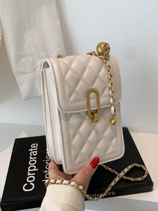 Fashion Women Quilted Crossbody Bag PU Leather Chain Strap Small Phone Bag With Gold Ball Buckle Square Shoulder Bag