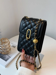 Chic black quilted square crossbody bag with gold chain strap and decorative ball