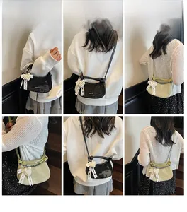 Collage of chic patent leather crescent bags with pearl bow charms and slim straps