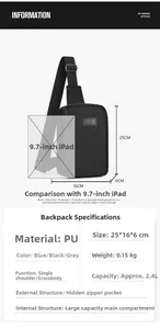 Größenvergleich einer schwarzen PU-Brusttasche neben einem 9,7-Zoll-iPad mit Produktdaten
