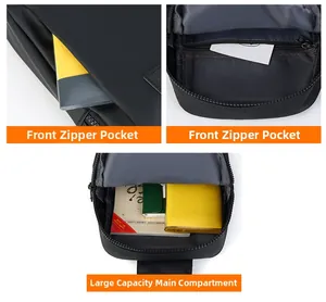 Detailansicht der Innenfächer der schwarzen Brusttasche und organisierter Staufächer