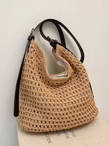Sac Seau en Paille Tressée Pour Femmes Grande Capacité Sac à Épaule en Maille Creuse Bohême Avec Bandoulière en Cuir Réglable Vacances Plage