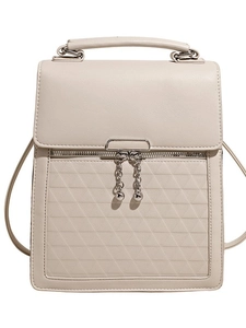 Chic beige PU leather tote bag with geometric triangle embossing and metal chains
