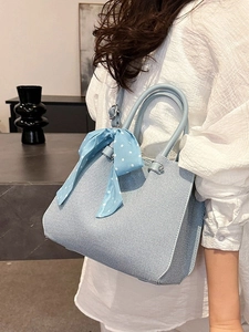 Sac cabas tissé bleu clair avec foulard à pois, sac seau polyvalent à grande capacité