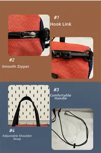 Detail view of mini sports bag with hooks, smooth zippers, handle, and adjustable strap