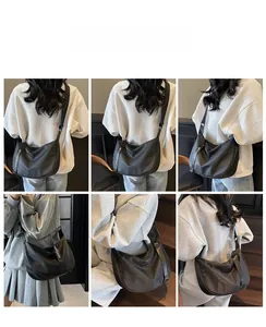 Multi-angle view of a large black nylon crescent crossbody bag with branded strap detail