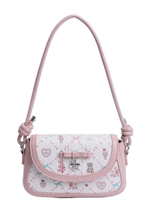 Pink and white ballet style crossbody bag with cute cartoon animal patterns and bow