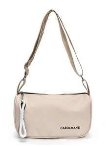 Sac bandoulière cylindrique beige avec sangle à motifs et logo Carolmanti sur blanc
