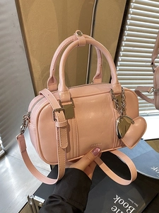 Women Trendy Korean Style Boston Bowling Bag With Heart Charm PU Leather Versatile Shoulder Crossbody Bag For Office Daily