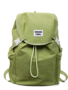 Avocado green canvas backpack with double buckle flap and side zipper pockets for students