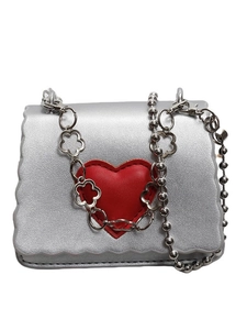 Silver mini crossbody bag with red heart detail and decorative floral chain strap