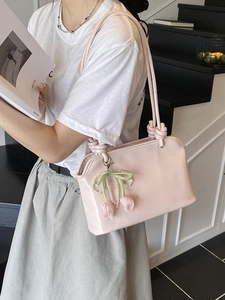 Women's PU Leather Shoulder Bag With Tulip Artificial Pearl Charm Glossy Knot Strap Underarm Bag For Casual Party Dating Daily