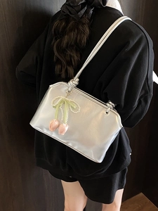 Silver shoulder bag with pink tulip and pearl bow charms for stylish casual daily wear