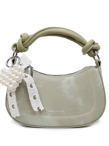 Fashion light green crescent shoulder bag with knotted handle and pearl heart charm